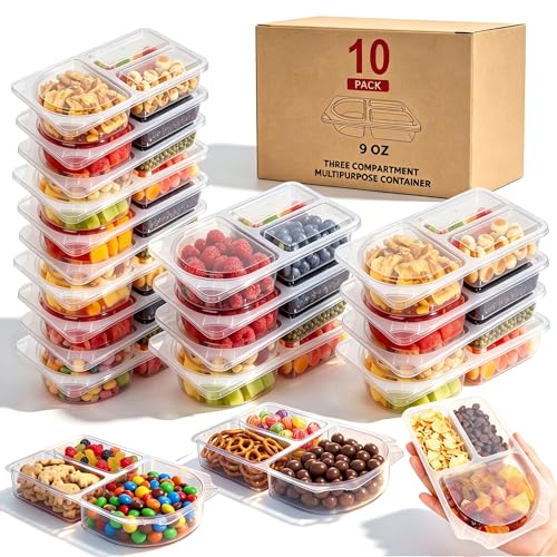 3 Compartment Snack Containers with Lids & 9oz Meal Prep Containers, Reusable Snack Pack Containers, BPA-Free Leakproof Small Food Storage, Perfect for Work, Travel & On-the-Go (10 Sets)