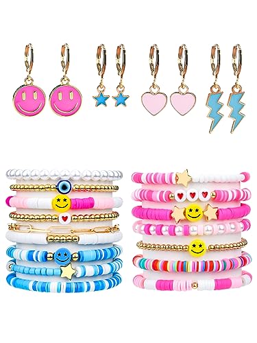 Abitoncc Preppy Jewelry Bracelets Cute Earrings Y2K Aesthetic Jewelry Clay Bead Bracelets Evil Eye Stretch Bracelet for Teen Girls Women (16pcs bracelets+4 pairs earrings)