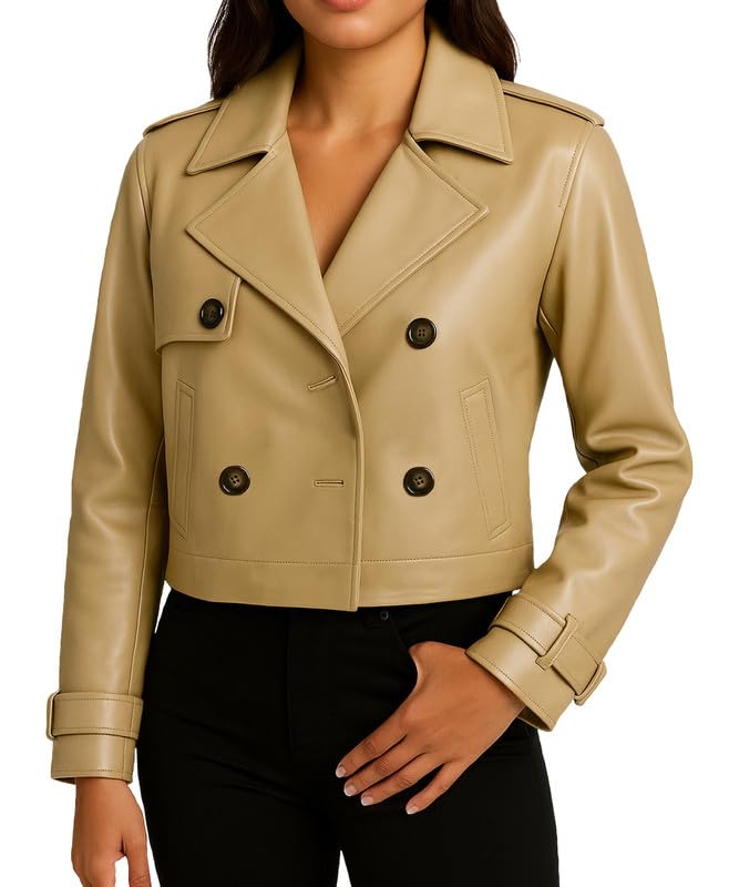 JJackin Womens Double Breasted Cropped Leather Trench Coat - Notched Lapel Fall Fashion Outerwear Short Jacket for Women