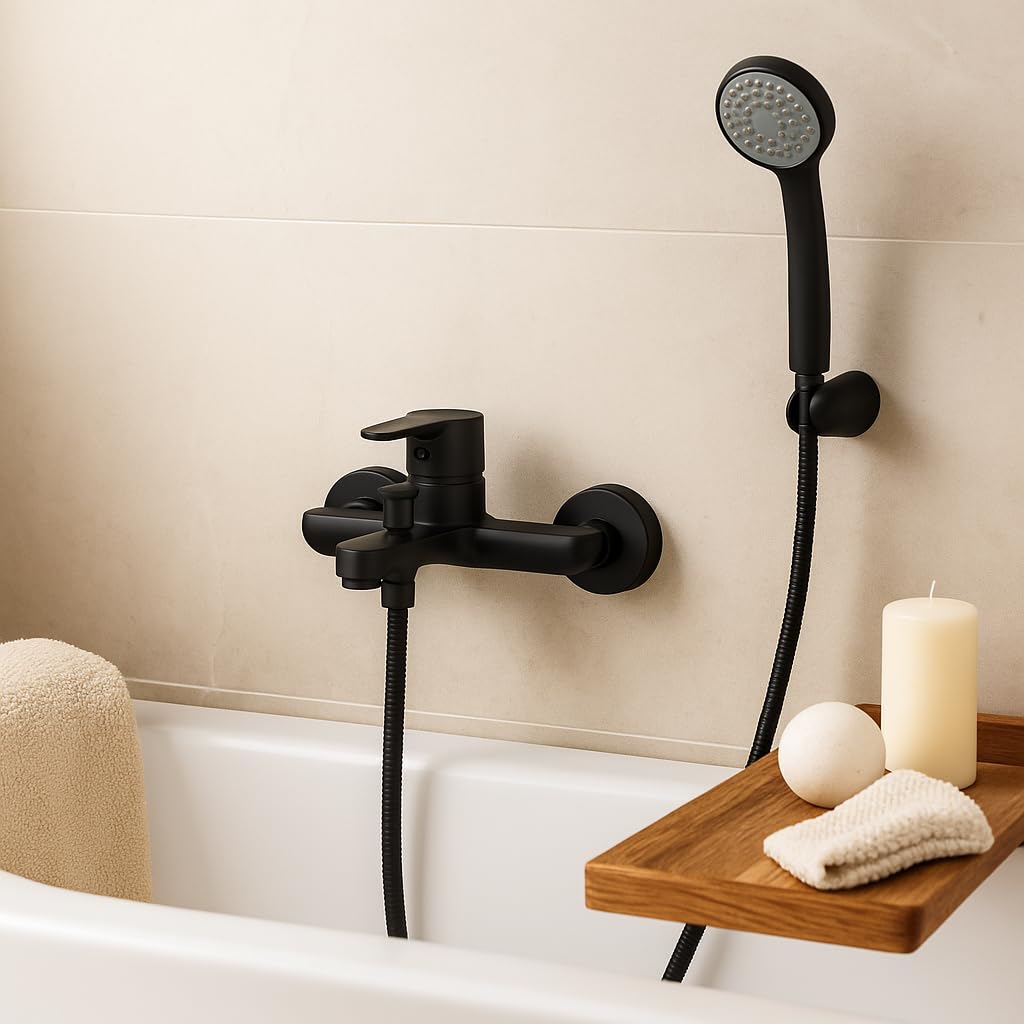 Grifo Monomando para Bañera de Latón con Acabado en Negro Mate, Montaje en Pared con Salida para Ducha, Diseño Estilizado (Negro)