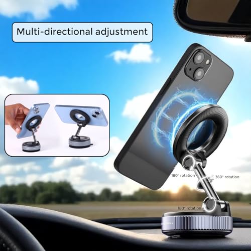 Image of Bigsmall Pro Magnetic Car Phone Holder | 360 Rotation | Adjustable Arm | Strong Suction Mount for Dashboard | Android, iPhone and Laptop Compatible | Universal Mobile Holder (Black, Single)