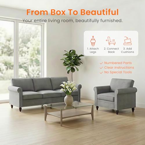 Image of ijuicy 2-Piece Sectional Sofa Set, Modern Linen Couch Set (Light Gray) | with 5 inch Thicken Cushion & Nailhead Trim, Living Room Furniture Set- 3 Seat Sofa and Armchair