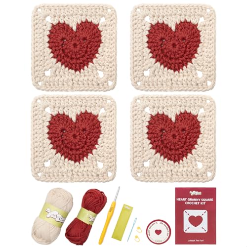 Crochet Kit for Beginners, Granny Square Starter Kit with Step-by-Step Video Tutorials, Knitting Kit for Adults & Teens Including Yarn, Crochet Hook, Heart