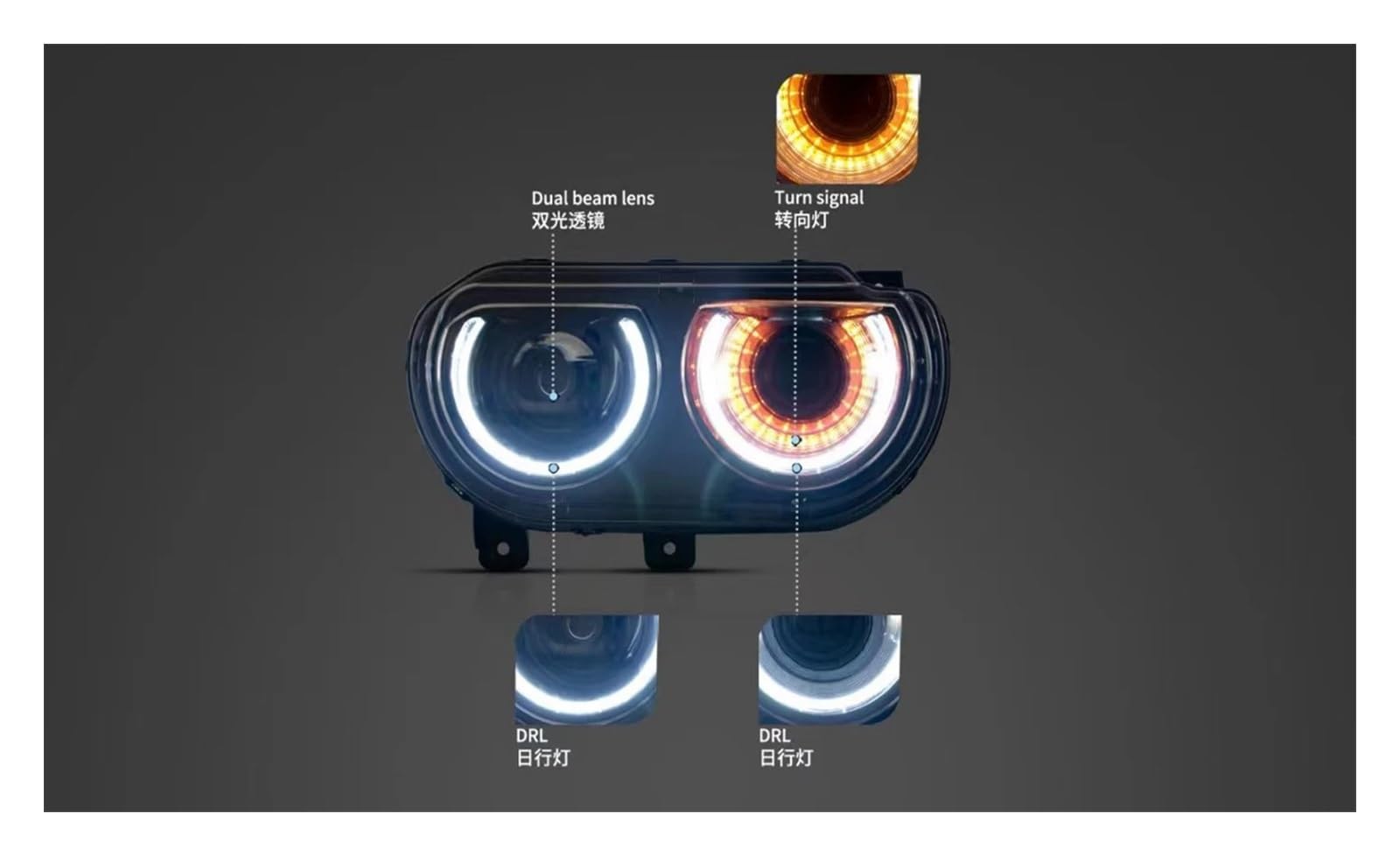 Coppia di fari Anteriori per Dodge Challenger 2008-2014, luci diurne a LED con indicatori di direzione, Doppio Fascio e Lente Colorata.