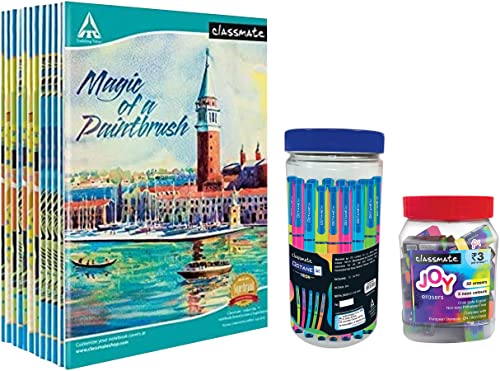 Image of Classmate Long Notebook - 140 Pages (Pack of 12) Octane Neon- 25 Blue Gel Pens Neon Erasers
