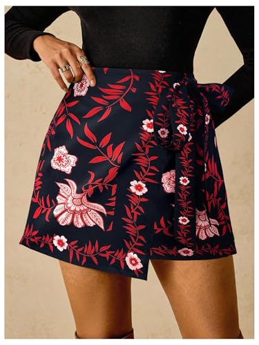 Image of RoseSeek Women's Boho Floral Print Wrap Mini Skirt Tie Side Summer Vacation Beach Skirts