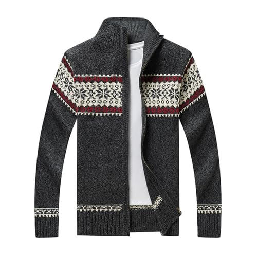 Mens Full Zip Cardigan Sweater Jacquard Pattern Stand Collar Ribbed Knit Long Sleeve Sweater