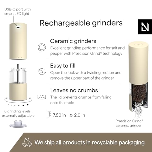 Image of LARS NYSOM Electric Salt and Pepper Grinder Set I Automatic Salt and Pepper Mills with Adjustable Ceramic Grinder I USB Rechargeable Electric Spice Mill Set with LED Light (Almond Beige)