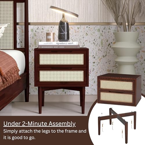 Image of Bme Oliver Solid Wood Rattan Nightstand, Bohemian & Mid Century, Walnut