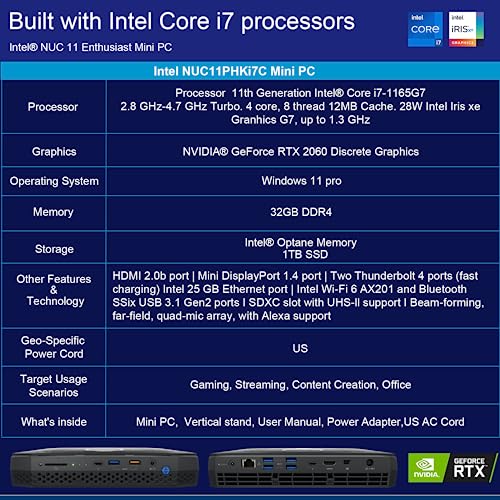 Image of Intel NUC 11 NUC11PHKi7CAA1 Phantom Canyon Gaming Computer,Intel Core i7-1165G7, 32GB RAM, 1TB PCIe SSD, 28W Intel Iris Xe Graphics, NVI-Dia GeForce RTX2060 Discrete Graphics，Win 11 Pro Gaming PC