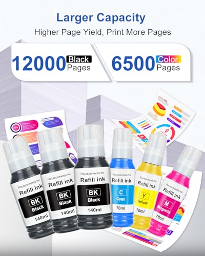 Image of EaseFusion Replacement for Epson 502 Ink Refill Bottles Work with ET-2850 ET-3850 ET-4850 ET-15000 ET 2850 ET 3850 ET15000 ET4850 ET-2760 ET-3830 ET3843 ET-3760 ET2750 ET4750 3750 (6Packs-3BK,CMY)