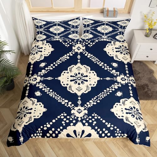 Exotic Tribal Style Duvet Cover Set Toddler,Polka Dot Vintage Bedding Set for Kids Girls Boys Room Decor,Geometric Abstract Art Comforter Cover 2Pcs,Retro Flower Navy Bedspreads Cover,1 Pillowcase