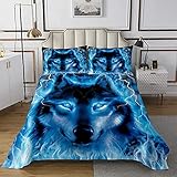 Homemissing Wolf Tagesdecke 240x260cm Safari Tiermuster Steppdecke Cooler Tierwelt Stil Bettüberwurf für Jungen Mädchen Kinderzimmer Dekor Glitzer Blau Wild Wolf Leichte Wohndecke mit 2 Kissenbezug