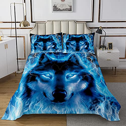 Homemissing Wolf Tagesdecke 240x260cm Safari Tiermuster Steppdecke Cooler Tierwelt Stil Bettüberwurf für Jungen Mädchen Kinderzimmer Dekor Glitzer Blau Wild Wolf Leichte Wohndecke mit 2 Kissenbezug