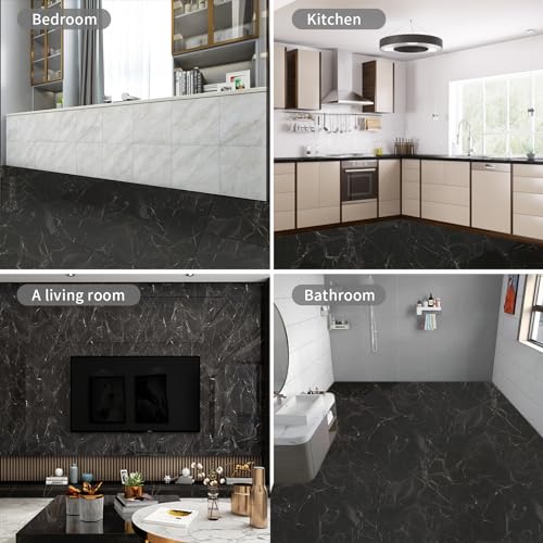 PVC Bodenbelag Selbstklebende, Holz Vinylboden Bodenfliesen, Verdickter 0.15cm Rutschfeste Wasserdicht Vinyl-Fußböden, Laminat Fliesen Selbstklebend, 40x300cm, 1.2m² (Schwarzer Marmor)