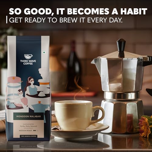 Image of THIRD WAVE COFFEE Monsoon Malabar Arabica Coffee, Medium Dark Roast, Fine Grind for Moka Pot, 250Gm