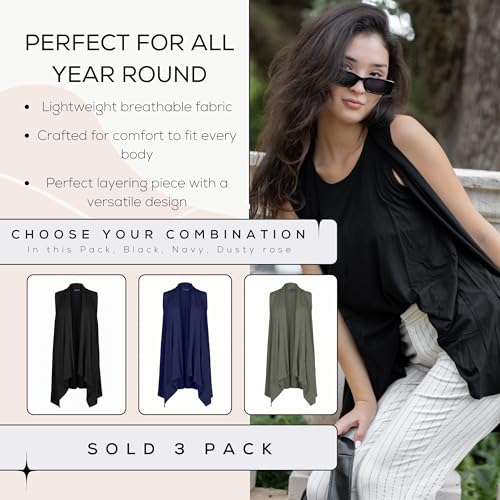 Image of Azules Sleeveless Cardigan for Women, Soft Lightweight Duster Open Front Sleeveless Long Cardigan Vest (3 Pack)