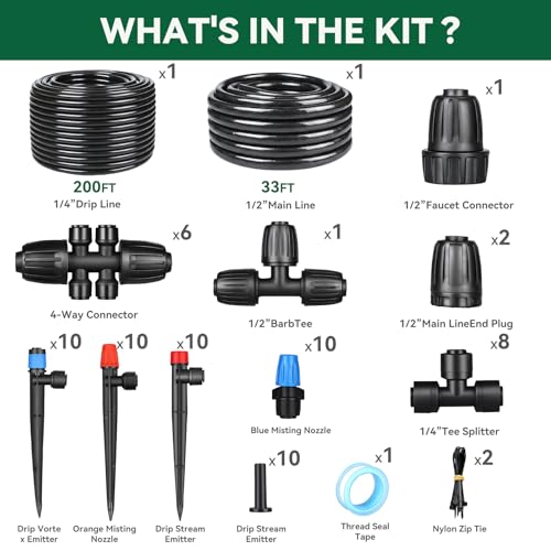 Image of Drip Irrigation System for Garden, 2026-Upgraded Quick Connect Garden Watering Kit All-in-One with 1 /2 inch 1 /4 inch Irrigation Tubing for Garden, Lawn, Greenhouse, Raised Beds (233FT)