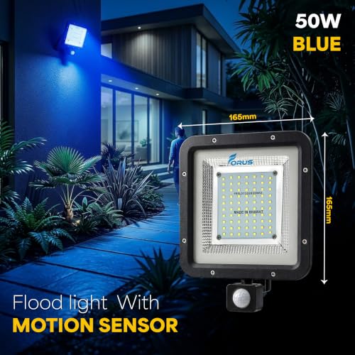 Image of Forus 50W LED Flood Light Blue with Motion Sensor Auto On Off Day Night Mode Waterproof Outdoor Security Light for Garden Parking Garage Factory Warehouse Shop High Bright Floodlight 4Yr Warranty-1Pc