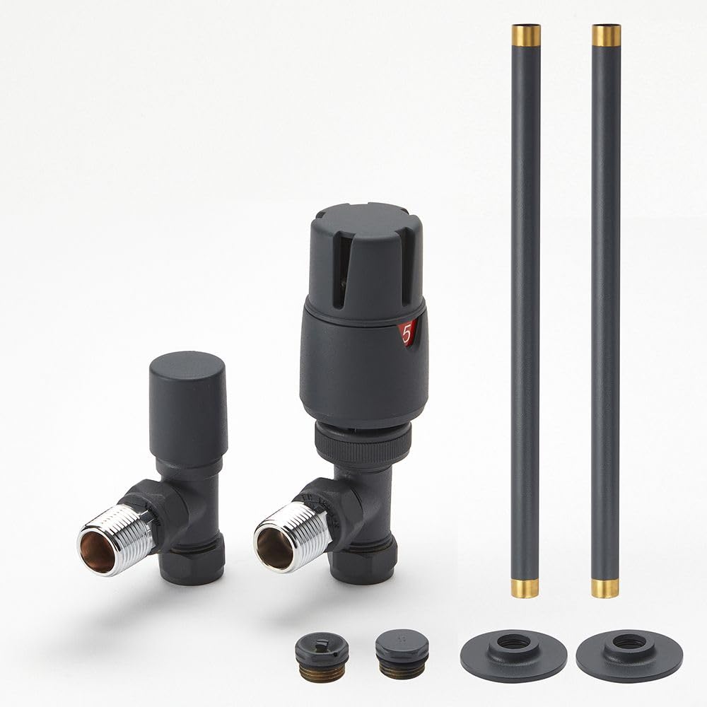 Milano Anthracite Angled Heated Towel Rail Radiator Thermostatic Lockshield Valve Pipe Connector Kit