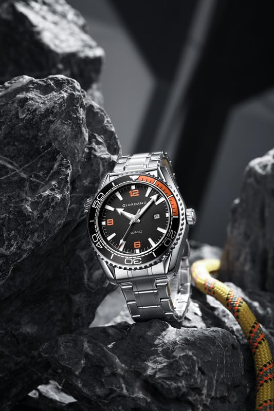 Image of GIORDANO Analog Quartz Watch for Men - Round Dial with Rotating Bezel, Luminous Hour Markers, Silicone & Stainless Steel Strap, Date Display