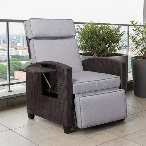 Rattan Park Sillón de Relax de Mimbre con Respaldo Ajustable, con Mesa Plegable y cojín, para jardín, terraza, Exterior