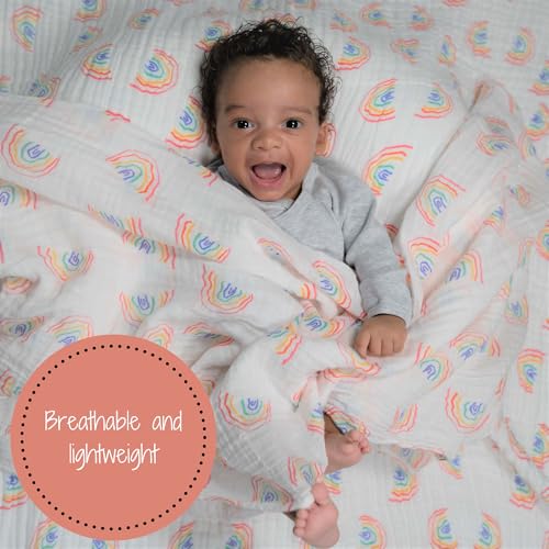 Image of LollyBanks Baby Blankets 2 Pack, 100% Organic Cotton Muslin Swaddle Blankets for Boys and Girls, Soft and Breathable 47 x 47 Inches Newborn Receiving Blanket, Baby Registry (Rainbow and Colorful Wave)