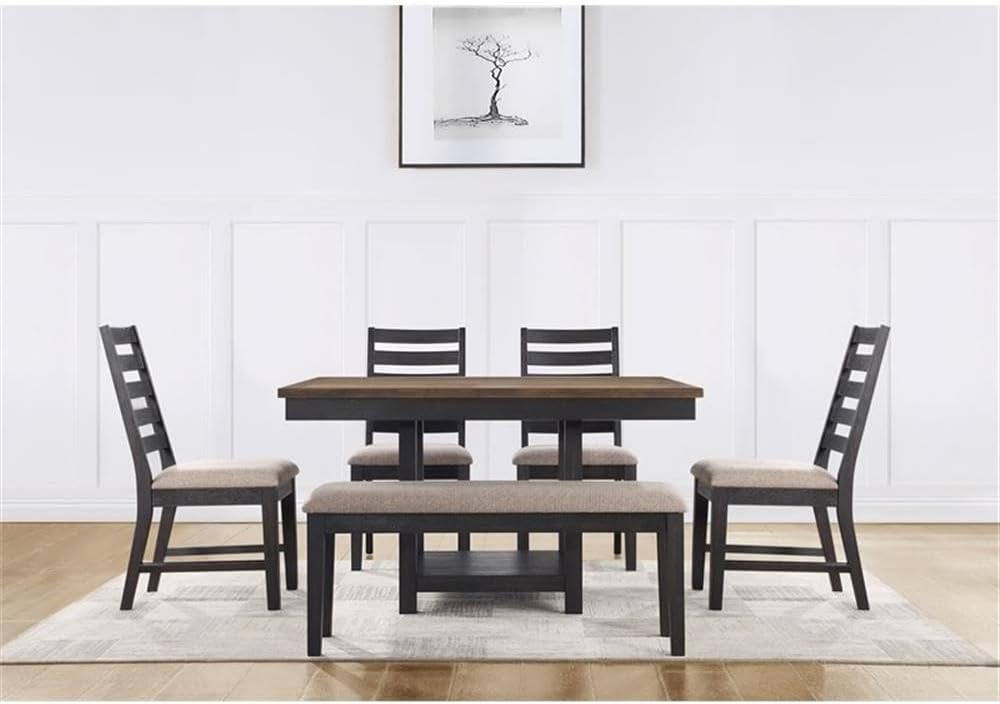 Pemberly Row Solid Wood Upholstered Bench, Black Finish, 44 x 14 x 18 in, Polyester Fabric, Removable Memory Foam Seat, Durable Hallway, Bedroom or Living Room Seating for Two Adults