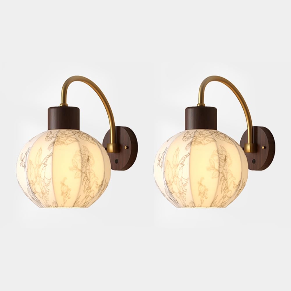 SXWNBIFH Mid-Century Wall Lamp with Walnut Wood Base & Brass Curved Arm, Floral Shade Wall Sconce, E27 Wall Lamp Fixture, Fabric Shade Bedside Light, Retro Accent Wall Lighting(2pack)