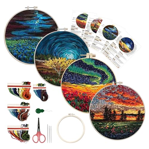 Maydear 4 Pack Embroidery Starter Kit with Pattern, Stamped Cross Stitch Kits for Beginners Adults with Embroidery Hoop and Instructions, Hand Embroidery Kit (Embroidery kit flower2)