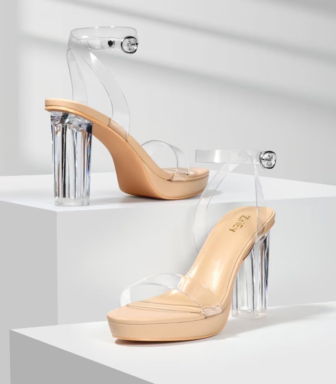 ZriEy 4-Inch Platform Clear High Heels for Women Block Chunky Heeled Sandals Open Toe Ankle Strap Heels Wedding Party Evening Prom Dress Pump Sandal Shoes - Image 2