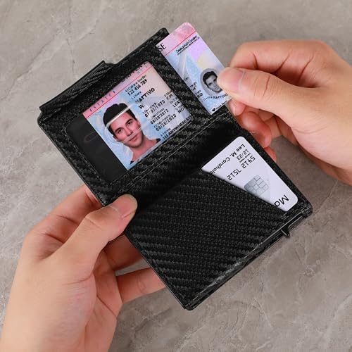 Image of Minimalist Pop Up Wallet for Men | RFID Blocking Credit Card Holder Wallet with Money Clip | Mens Wallet Slim Bifold Front Pocket Metal Case with Gift Box, Carbon Black, 0.9 x 2.8 x 3.8