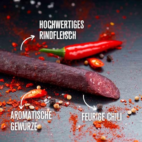 Grillido Sportwurst Rind & Chili 25x20g (500g) aus Österreich – Proteinreicher Fleischsnack mit 39% Eiweiß, ohne Zucker, ohne Schweinefleisch – Herzhafte Alternative zu Beef Jerky & Proteinriegel