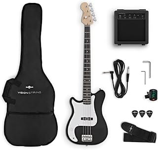 VISIONSTRING E Bass Gitarre Linkshänder mit Verstärker 10W für Erwachsene - Elektrische Bassgitarre Set mit Gitarrentasche, Plektrum, Gurt, Stimmgerät, Kabel - Bass Guitar 4/4 Gitarren Schwartz