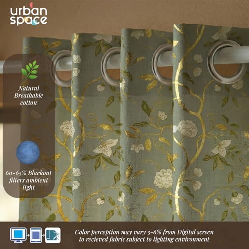 Image of Urban Space 100% Cotton Curtains with Gold Foil Print | Upto 60% Light Blocking Window Curtain 5 feet I Set of 2 Decorative Curtains with Eyelets and Tieback (Zari Baagh Sage Green Gold - 5 feet)