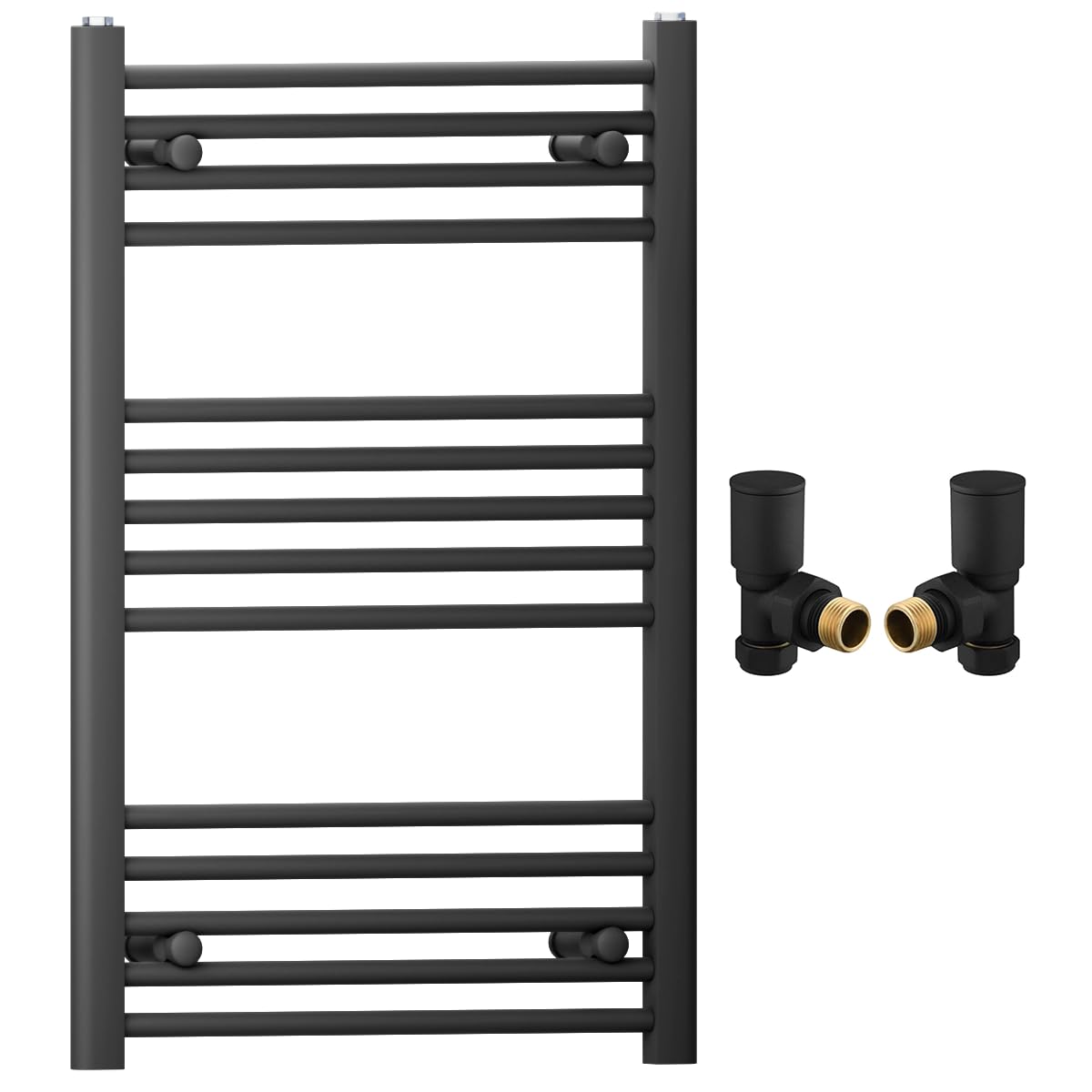 600mm Wide Straight Black Heated Bathroom Towel Rail Radiator With Valves For Central Heating UK (With Black Angled Valves, 600 x 800mm (h))