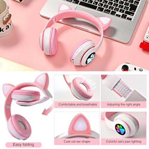 Image of Bluetooth Noise Cancelling Headphones for Kids,Foldable Cat Headphone with LED Light Up Ear,Cat Ear Headphones for Toddler with Microphone /TF Card,Kids Bluetooth Earphones for ipad