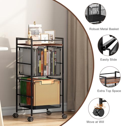 EasyPAG Rolling File Cart Metal File Organizer Storage Cart 2 File Drawers Mobile File Cart with Removable Drawers with 4 Swivel Casters Rolling Wheels Cart, Black - Thumbnail 2