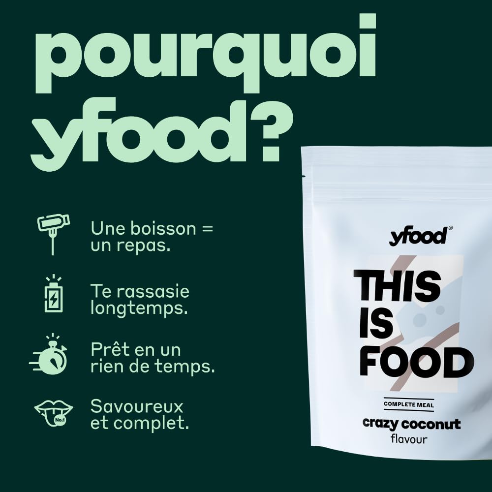 yfood Poudre de noix de coco crazy - Délicieux repas à boire pour les déplacements - Poudre de 25 g de protéines, 26 vitamines et minéraux - Saveur : noix de coco