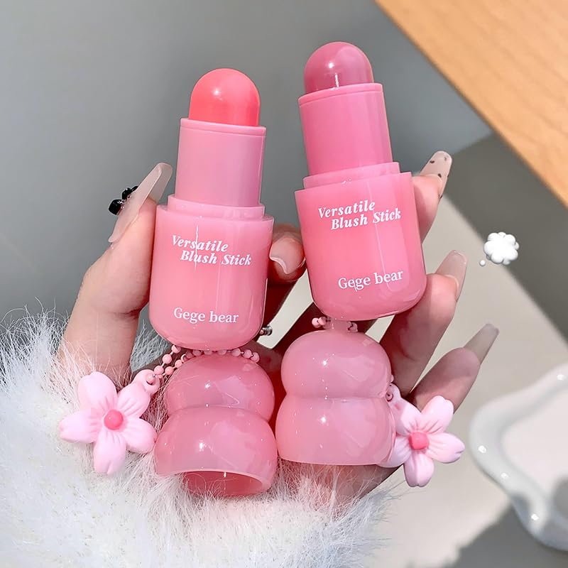 Image of Gege Bear Multi Purpose Powder Blusher Stick | Cream Blush Jelly Texture | Easy Application No Brush Required | Long Lasting Buildable Color Pink Peach | Cute Blush Tint for Cheeks and Lips | Jelly with Glossy Dewy Finish | Portable Face Makeup for Women Girls (04# Hot Barbie, 3.8g)