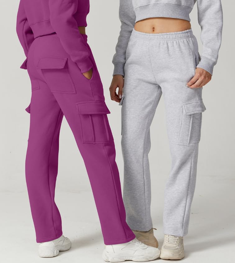 Image of QINSEN Baggy Medium Waist Elastic Sweatpants for Womens Casual Long Fleece Cargo Pants with Pockets