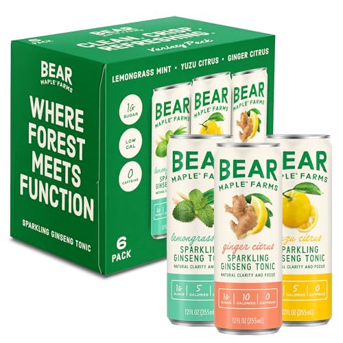 Bear Maple Farms Sparkling Ginseng Tonic | Natural Focus &amp; Clarity from Ginseng | No Caffeine | 5-10 calories per serving | Naturally Sweetened |12oz can - Variety Pack, 6 count