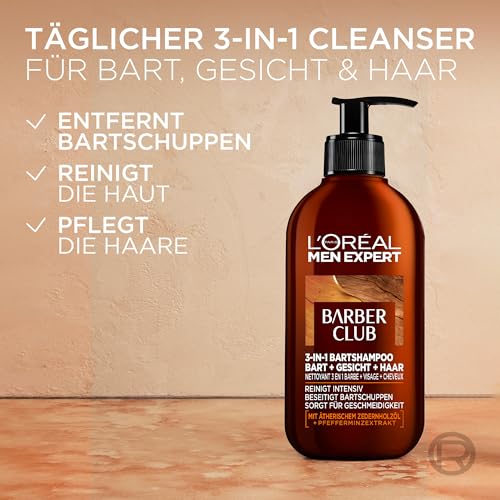 L'Oréal Men Expert Barber-Geschenk-Set für Männer, Geschenkset mit Bartshampoo, Bartbalsam, Bartöl, Pomade & Bartkamm, Barber Club, 1 x 30 ml, 1 x 200 ml, 1 x 75ml, 1 x 50ml