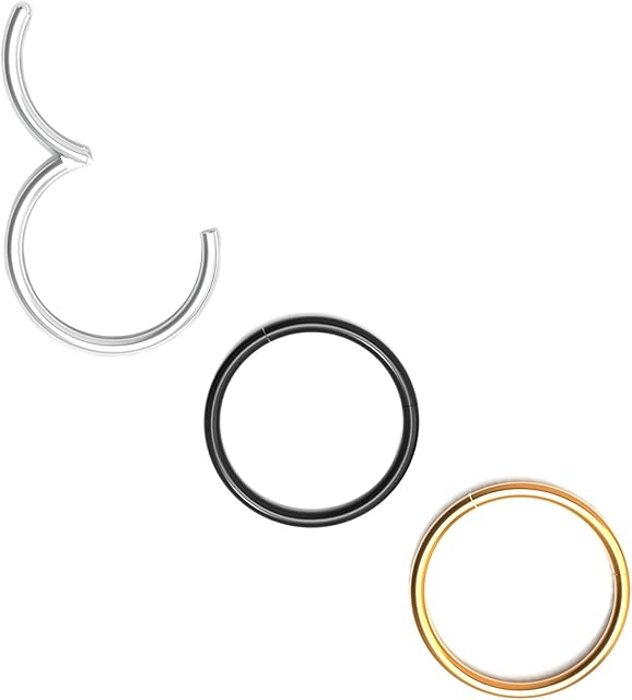 Body CAC 3PCS-316L Surgical Steel Segment Hinged Clicker Nose Rings Hoop Septum Rings Piercing Lip Helix Cartilage Earrings 20G 18G 16G 14G Diameter 5mm to 12mm, Gold-Silver tone-Black