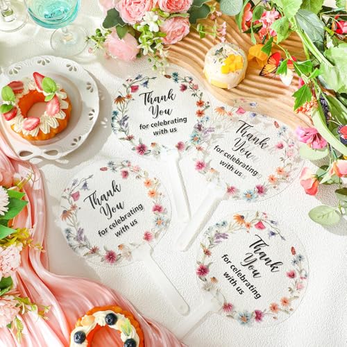 Image of Geelin 50 Pcs Wildflower Wedding Fans for Guest Transparent Acrylic Baby Shower Bridal Shower Handheld Favor Fans for Summer Wedding Bridesmaid Gift for Hot Outdoor Ceremony