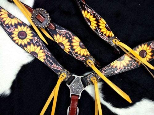 Showman Sunflower Print Overlay Single Ear Headstall & Breast Collar Set W/Reins! New Horse Tack! #TOP3