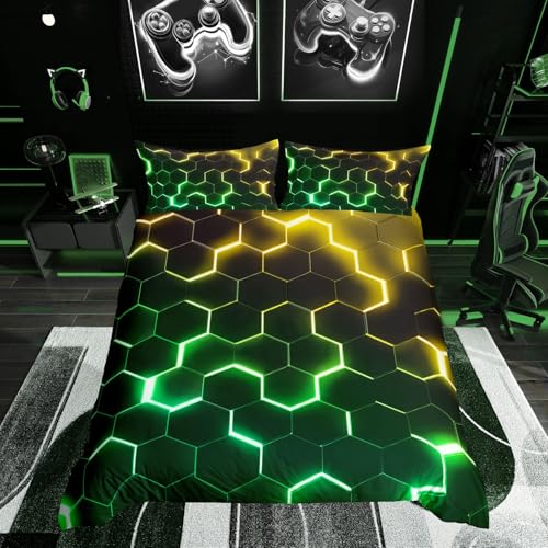 Homewish Parure de lit 3 pièces jaune et verte pour enfants et adultes, motif géométrique en nid d'abeille, housse de couette hexagonale moderne, motif ruche d'abeille, noir