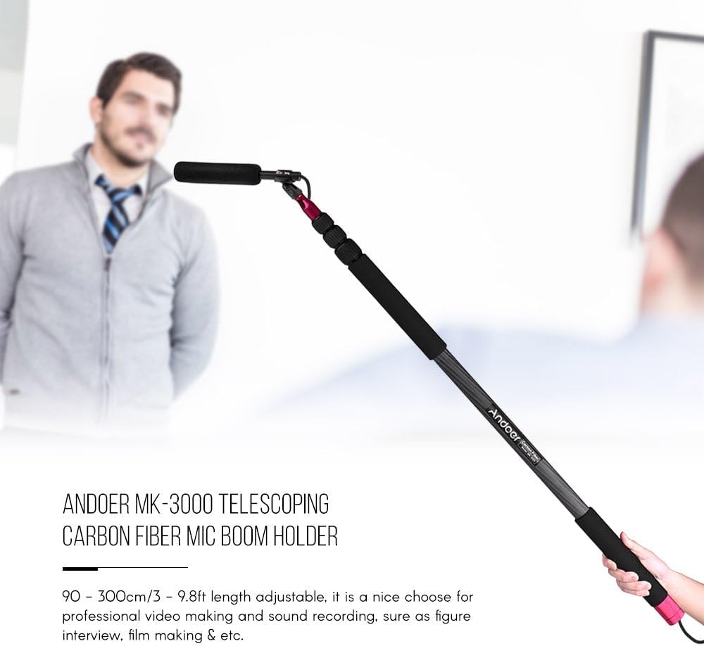 Soporte Microfono Pie, Andoer Varilla de micrófono telescópica de 90 - 300cm, Palo Estirable portátil de 4 Secciones de micrófono Boom con rosca de 3/8 pulgadas, carga máxima 3 kg(MK-3000)