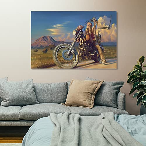 Rucatto Female Motorcycle And Eagle Art Drawing Vintage Poster Canvas Painting Posters And Prints Wall Art Pictures For Living Room Bedroom Decor 24X36Inch(60X90Cm) Frame-Style #TOP6