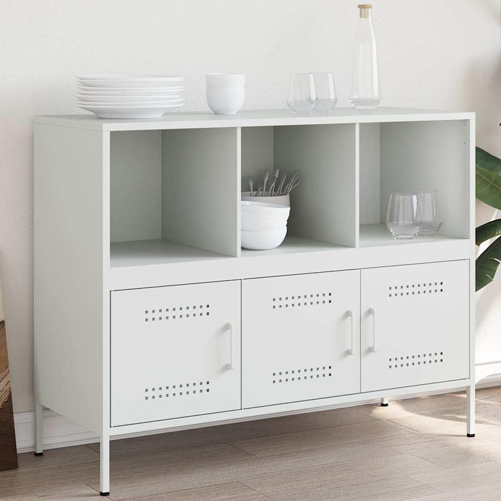 Credenza bianca in metallo, 100,5 x 39 x 79 cm, comò con 3 ante